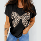 Black Leopard Bow Embroidered Cotton Round Neck T Shirt