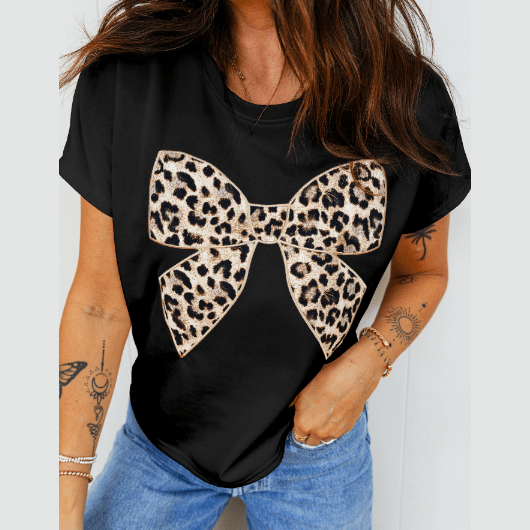 Black Leopard Bow Embroidered Cotton Round Neck T Shirt
