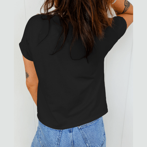 Black Leopard Bow Embroidered Cotton Round Neck T Shirt