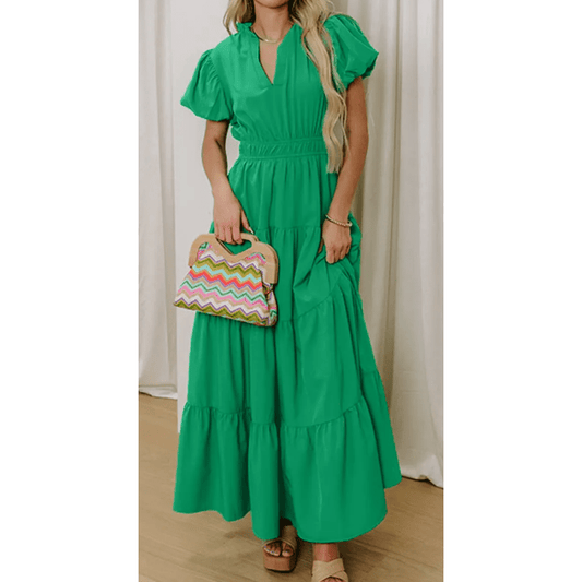 Kaci Green V Neck Short Puff Sleeve High Waist Tiered Maxi Dress