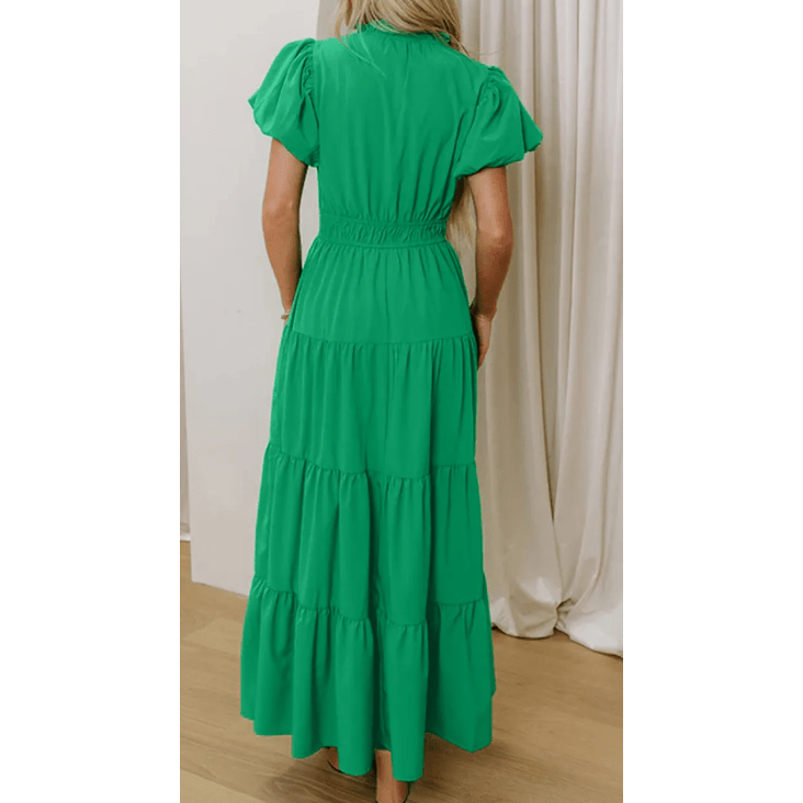 Kaci Green V Neck Short Puff Sleeve High Waist Tiered Maxi Dress