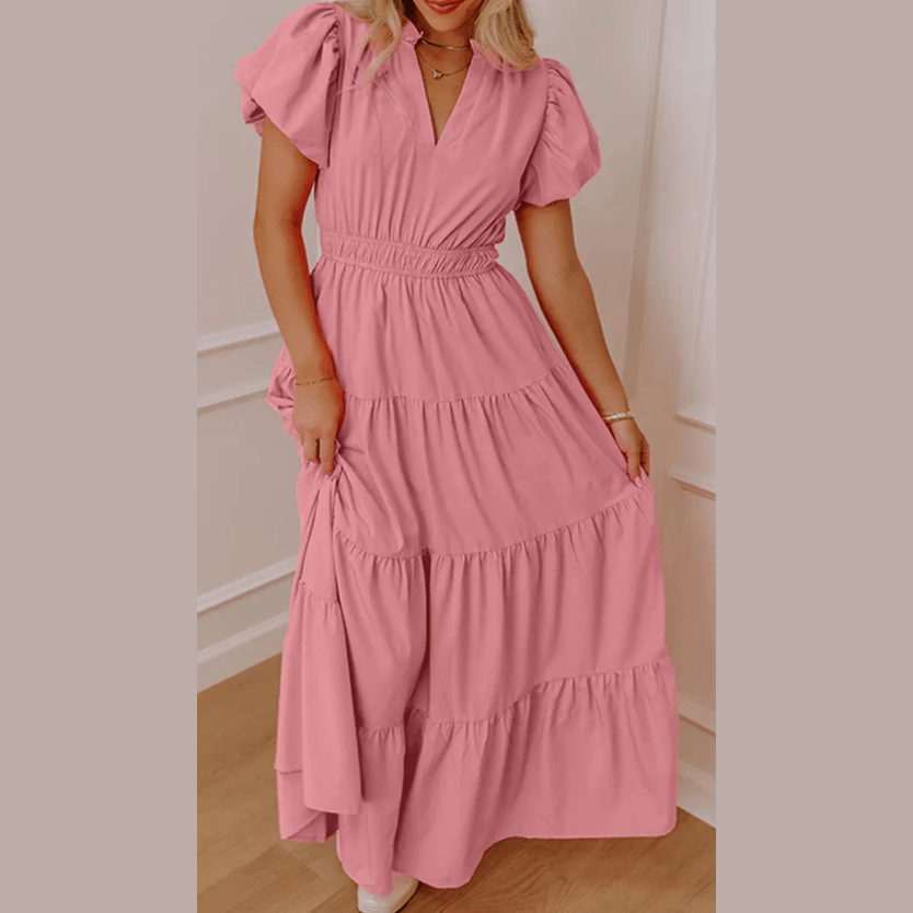 Kaci Pink V Neck Short Puff Sleeve High Waist Tiered Maxi Dress