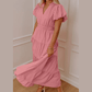 Kaci Pink V Neck Short Puff Sleeve High Waist Tiered Maxi Dress
