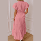 Kaci Pink V Neck Short Puff Sleeve High Waist Tiered Maxi Dress