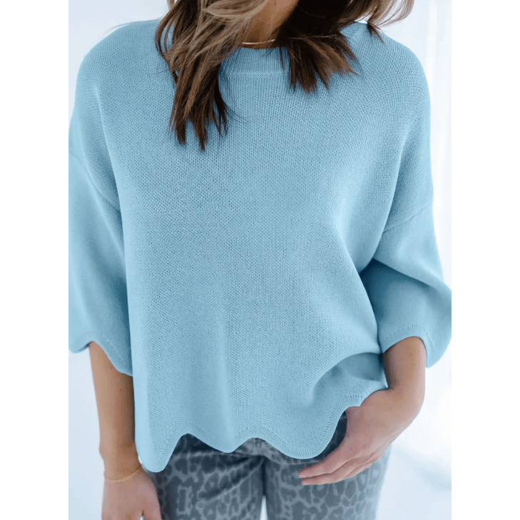 Leann Blue Scalloped Hem 3/4 Sleeve Sweater Top