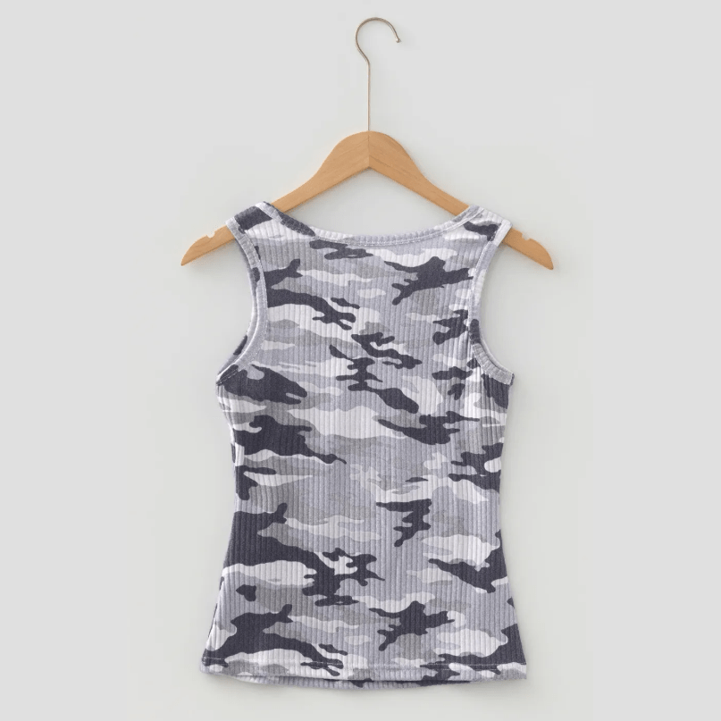 Anetta Grey Camouflage Print Ribbed Knit Round Neck Tank Top