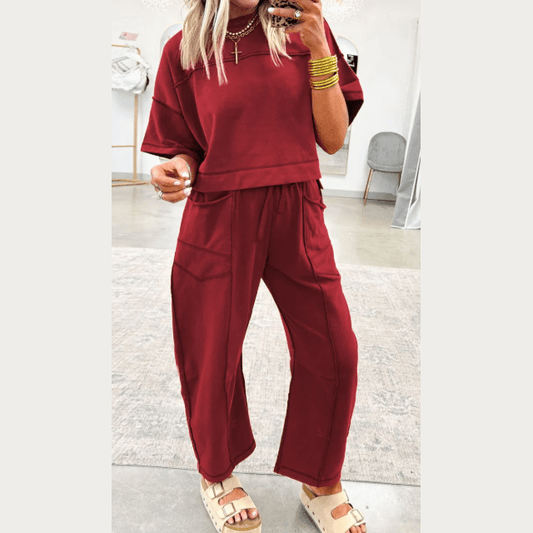 Dorcas Red Drop Shoulder Boxy Tee and Barrel Pants Set