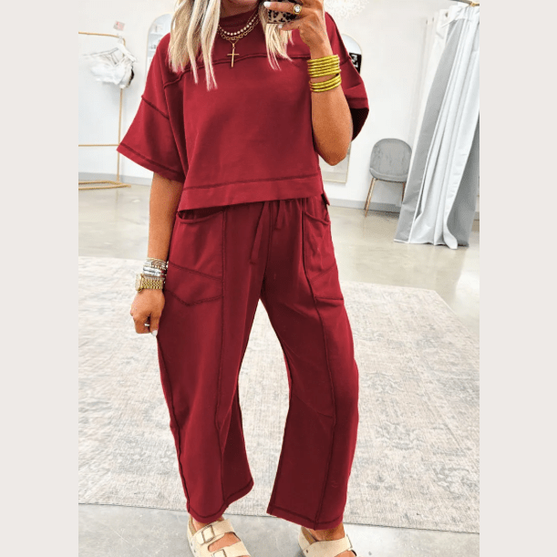 Dorcas Red Drop Shoulder Boxy Tee and Barrel Pants Set
