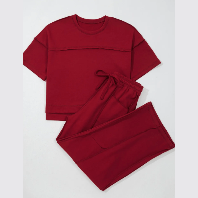 Dorcas Red Drop Shoulder Boxy Tee and Barrel Pants Set