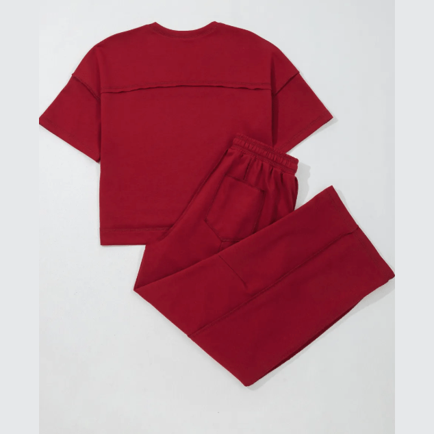 Dorcas Red Drop Shoulder Boxy Tee and Barrel Pants Set