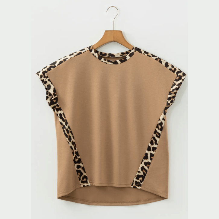 Lyla French Beige Leopard Trim Round Neck Loose T Shirt
