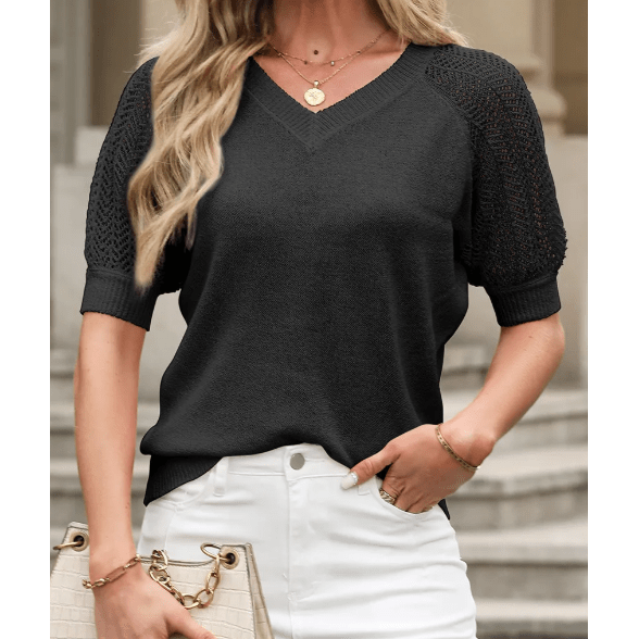 Deedra Black Knit Contrast Hollowed Short Sleeve V Neck Sweater