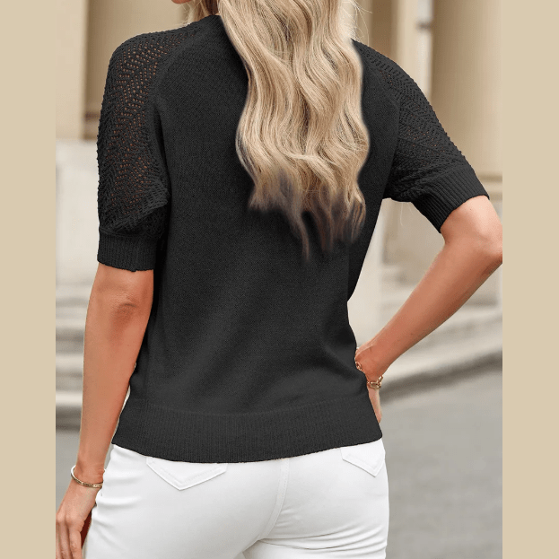 Deedra Black Knit Contrast Hollowed Short Sleeve V Neck Sweater