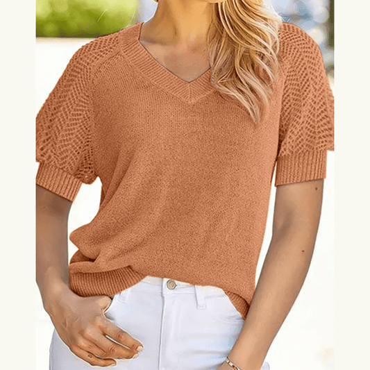 Deedra Gold Flame Knit Contrast Hollowed Short Sleeve V Neck Sweater