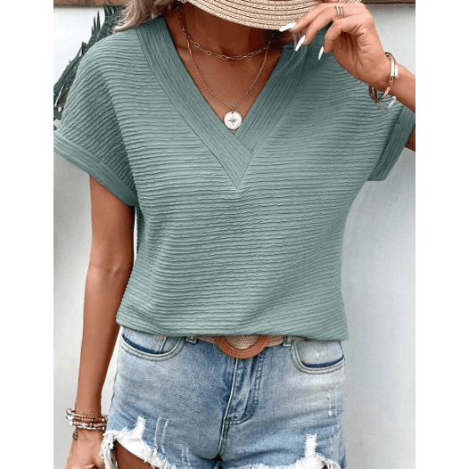 Kammy Beau Blue Textured Wide Sleeve V Neck T Shirt