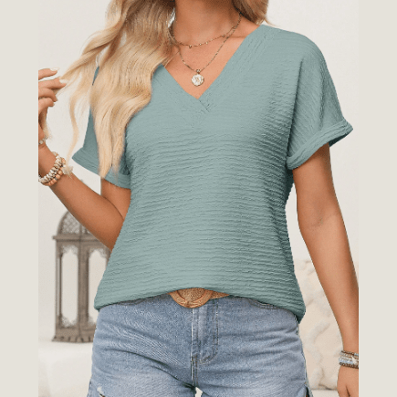 Kammy Beau Blue Textured Wide Sleeve V Neck T Shirt