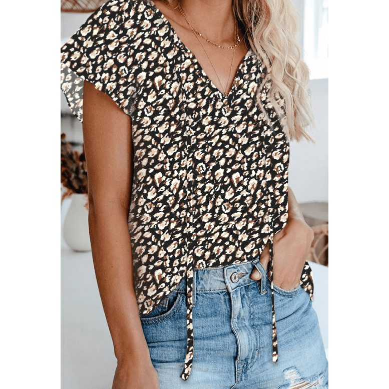 Camryn Black V-neck Short Sleeve Fashion Print Fantasy Fluttering Blouse