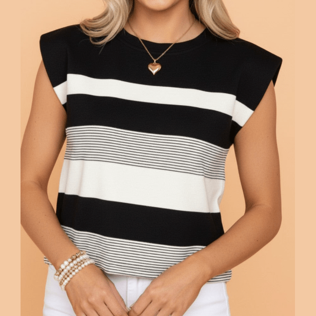 Celestia Black Stripe Mixed Print Crew Neck Cap Sleeve T Shirt