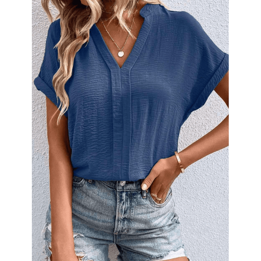 Jackee Sail Blue Notched Neck Batwing Sleeve Lightweight Blouse