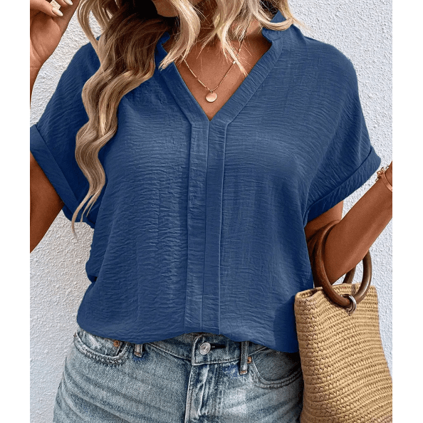 Jackee Sail Blue Notched Neck Batwing Sleeve Lightweight Blouse