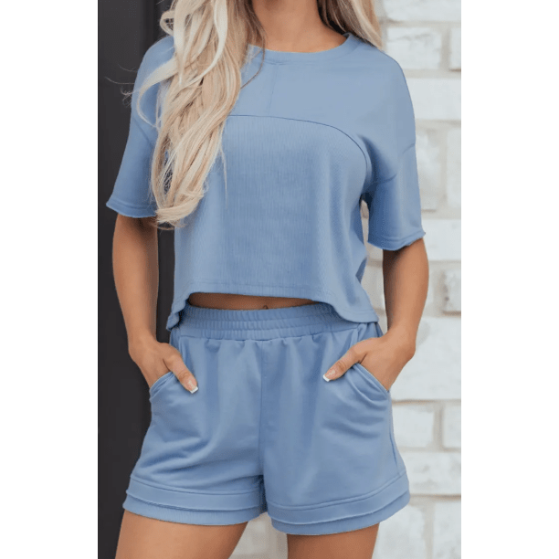Alandra Blue Contrast Textured Patchwork Raw Edge 2pcs Short Set