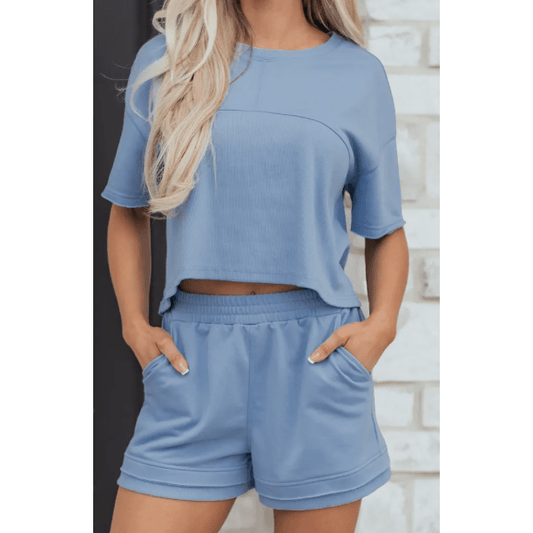 Alandra Blue Contrast Textured Patchwork Raw Edge 2pcs Short Set