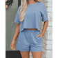 Alandra Blue Contrast Textured Patchwork Raw Edge 2pcs Short Set