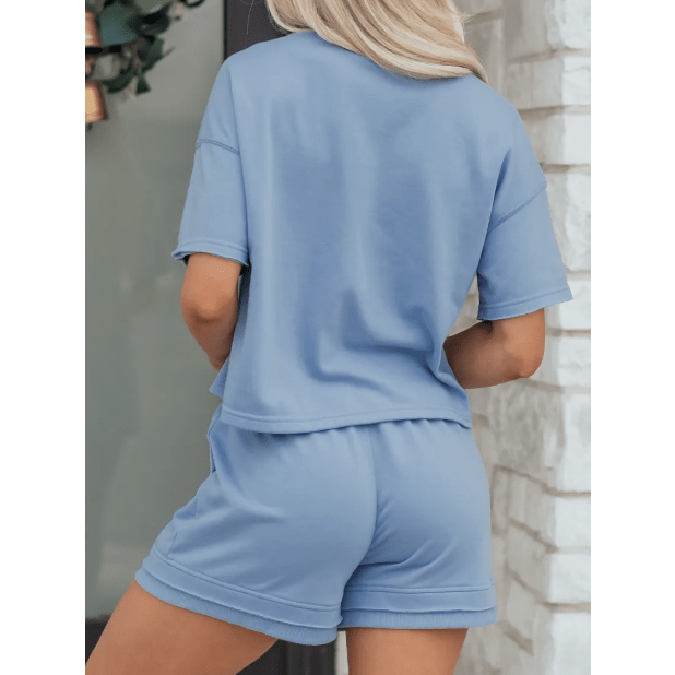 Alandra Blue Contrast Textured Patchwork Raw Edge 2pcs Short Set
