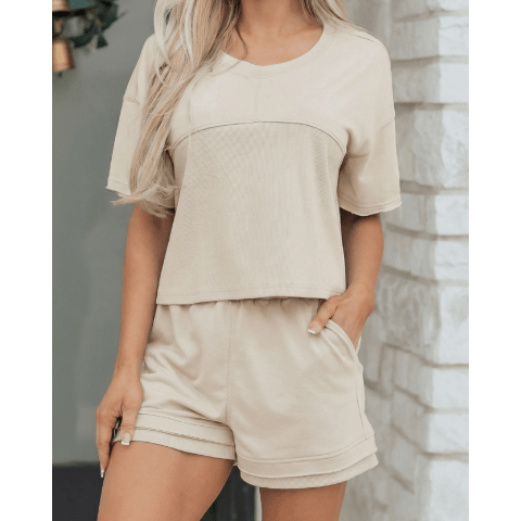 Alandra Khaki Contrast Textured Patchwork Raw Edge 2pcs Short Set