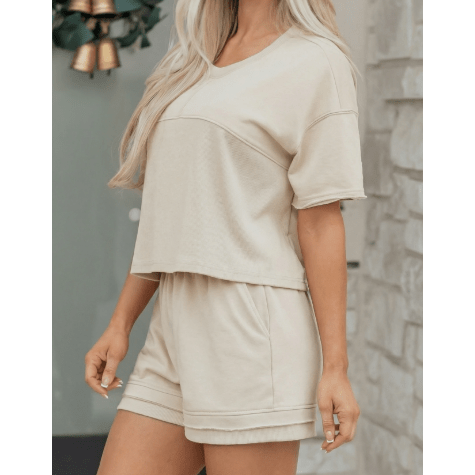 Alandra Khaki Contrast Textured Patchwork Raw Edge 2pcs Short Set