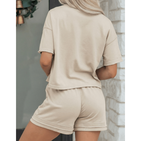 Alandra Khaki Contrast Textured Patchwork Raw Edge 2pcs Short Set