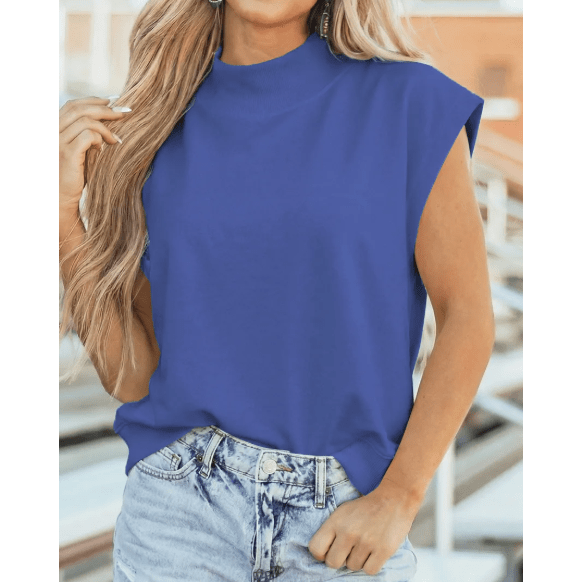 Halli Blue High Neck Cap Sleeve Loose Top