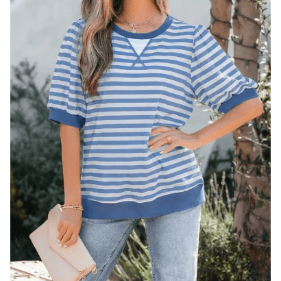 Bella Blue Stripe Short Bubble Sleeve T Shirt