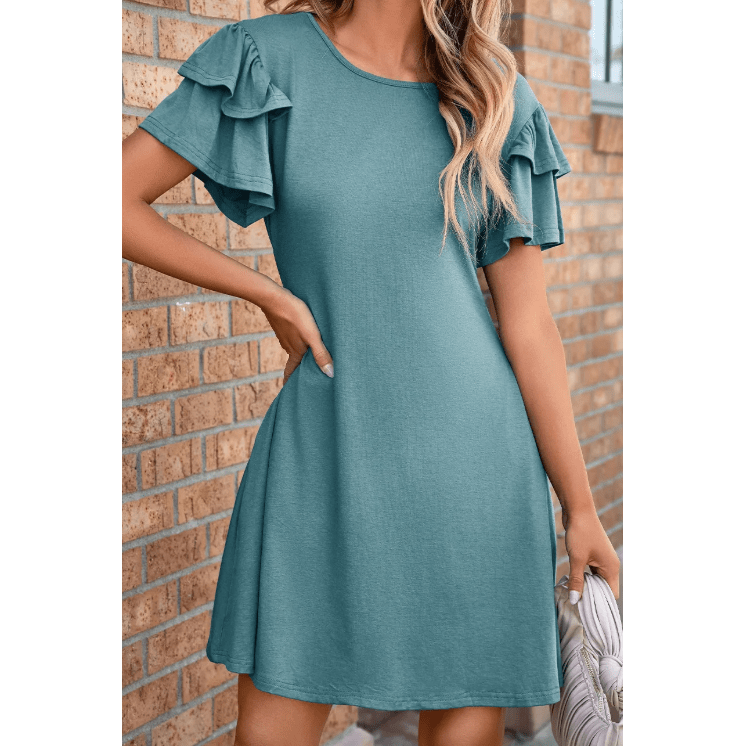 Oaklee Green Round Neck Double Ruffle Short Sleeve Dress