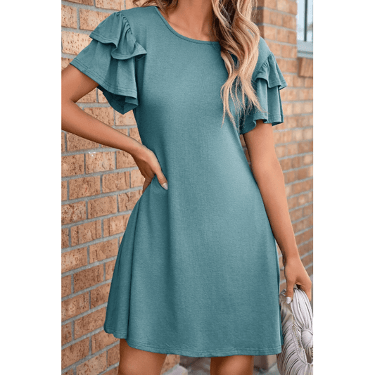 Oaklee Green Round Neck Double Ruffle Short Sleeve Dress