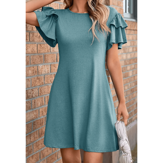 Oaklee Green Round Neck Double Ruffle Short Sleeve Dress