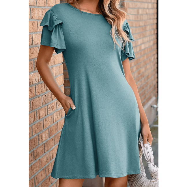 Oaklee Green Round Neck Double Ruffle Short Sleeve Dress