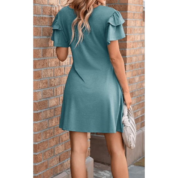 Oaklee Green Round Neck Double Ruffle Short Sleeve Dress