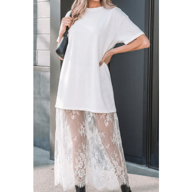 Phillis White Floral Patchwork Short Sleeve T Shirt Loose Maxi Dress