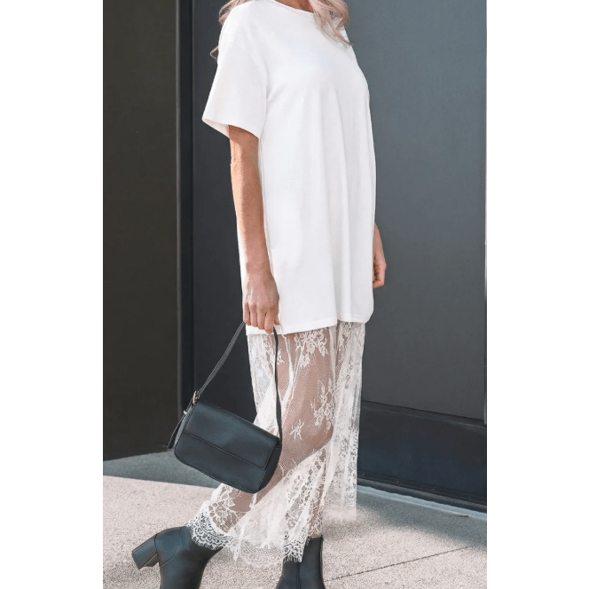Phillis White Floral Patchwork Short Sleeve T Shirt Loose Maxi Dress