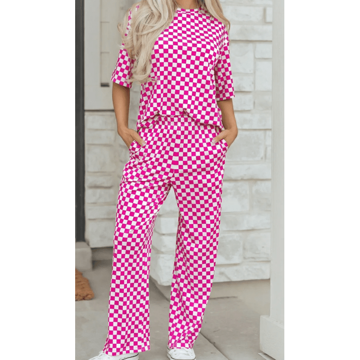 Addyson Pink Checkered Print Half Sleeve Tee 2pcs Lounge Pant Set