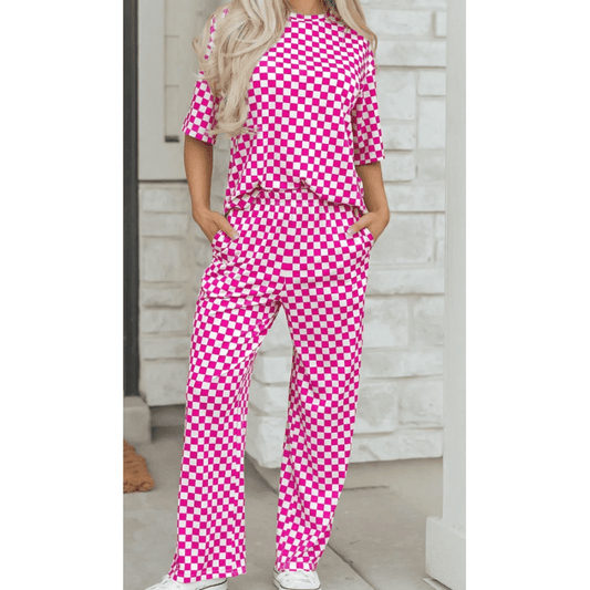 Addyson Pink Checkered Print Half Sleeve Tee 2pcs Lounge Pant Set