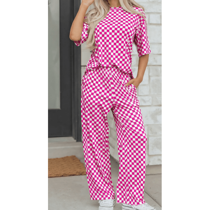 Addyson Pink Checkered Print Half Sleeve Tee 2pcs Lounge Pant Set