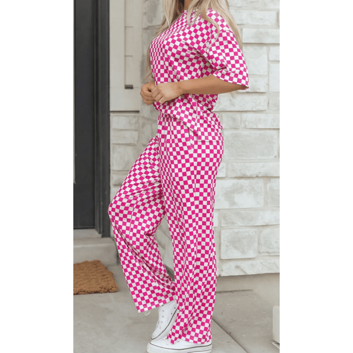 Addyson Pink Checkered Print Half Sleeve Tee 2pcs Lounge Pant Set