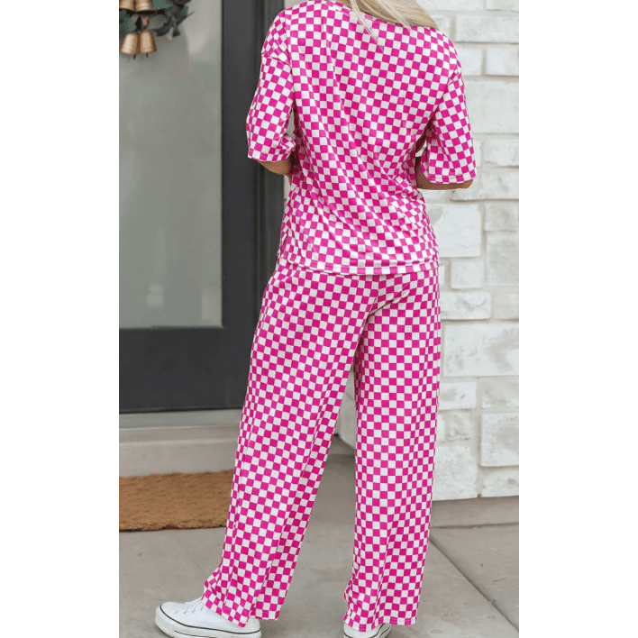 Addyson Pink Checkered Print Half Sleeve Tee 2pcs Lounge Pant Set