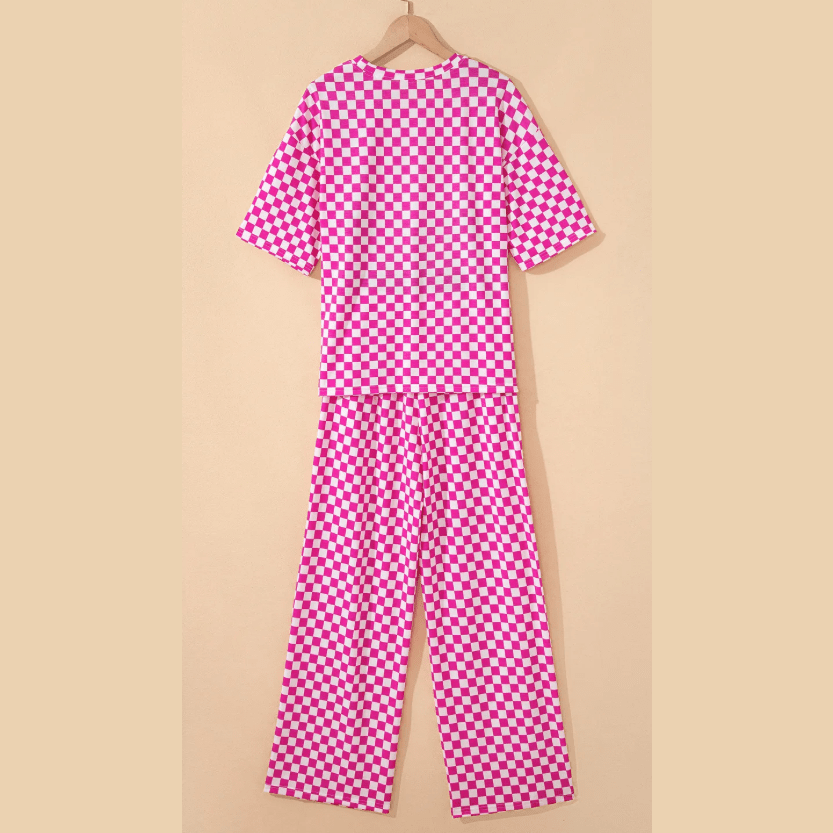 Addyson Pink Checkered Print Half Sleeve Tee 2pcs Lounge Pant Set