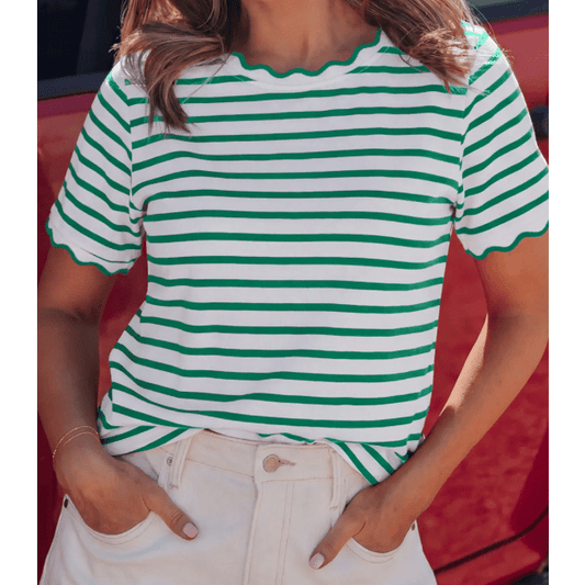Meliza Green Stripe Scalloped Trim Round Neck T Shirt