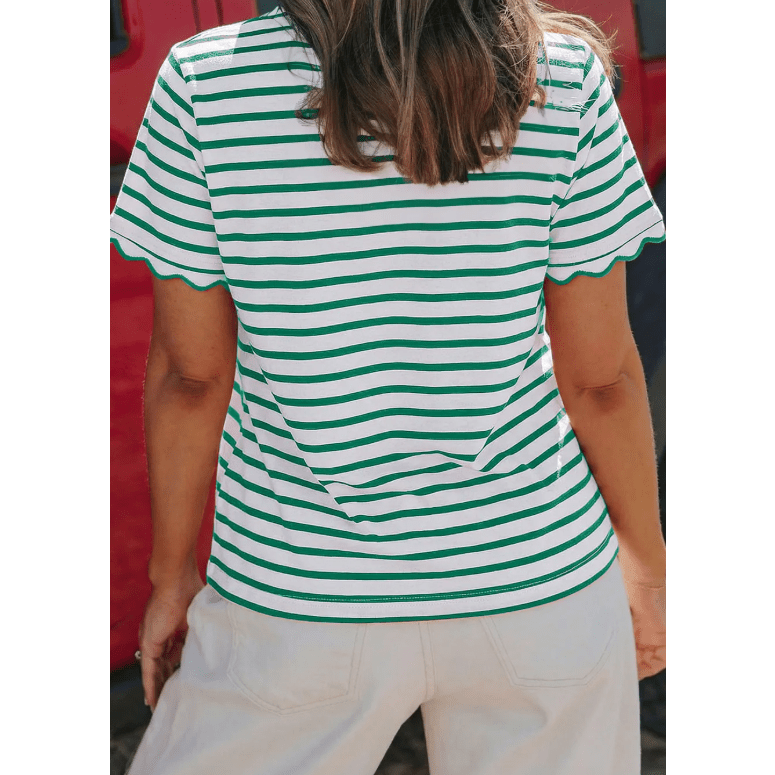 Meliza Green Stripe Scalloped Trim Round Neck T Shirt