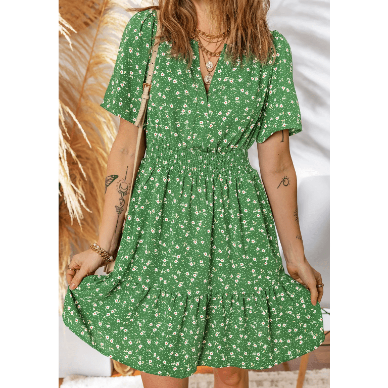 Anne Green Print Wrap V Neck Short Sleeve High Waistband Mini Dress