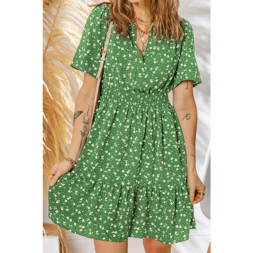 Anne Green Print Wrap V Neck Short Sleeve High Waistband Mini Dress
